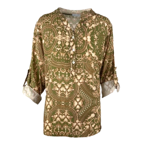 Viscose vintage print blouse Liva armygroen beige