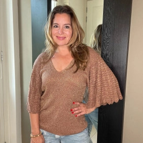 Chastar sparkle gebreide top met ajourmouwen bruin SALE