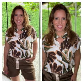 Flowerprint dames blouse – korte mouw in bruin, ivoorwit & armygroen