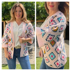 Gehaakt patchwork kimono vest roze SALE