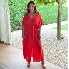 Boebou jurk met V-hals en kralenkoord – rood SALE