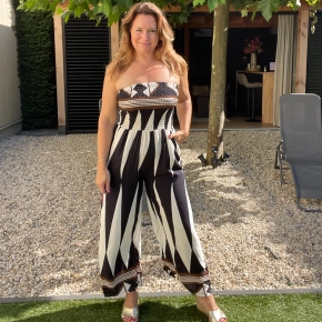 Strapless jumpsuit zwart wit print