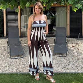 Strapless jumpsuit bruin wit print SALE