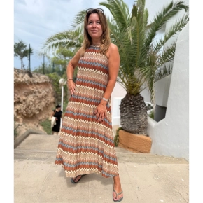 Biba maxi halter jurk zigzag – copper blue