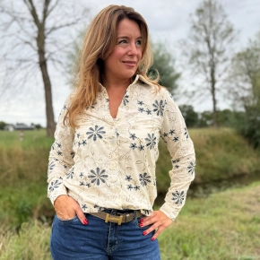 Ecru blouse met navy borduursel en pailletten SALE