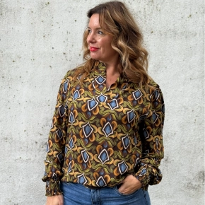 Viscose blouse Carly – Bruin, oker & jeansblauw