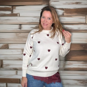 Hartjes trui ivoor met bordeauxrode hartjes