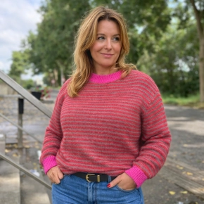 Chastar strepen trui rood taupe met roze boorden SALE