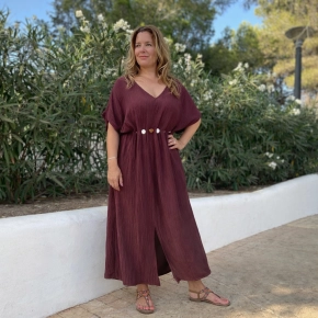 Boebou jurk met V-hals en kralenkoord – burgundy