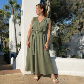 Boebou armygroene jurk met V-hals en strikceintuur