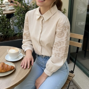 Beige Gemma Ricceri strepen blouse geborduurde mouwen
