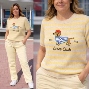 Gemma Ricceri fijn gebreid strepen shirt teckel geel beige