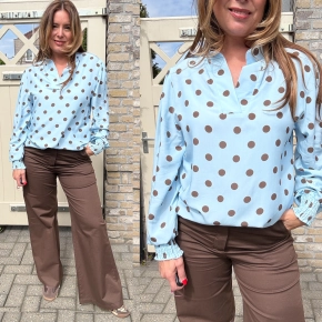 Viscose print top stipjes lichtblauw bruin