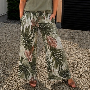 Tropical print broek ivoor groen elastische taille