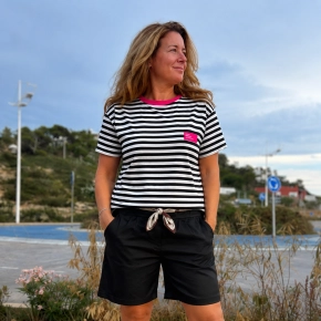 Zwart wit roze strepen T-shirt