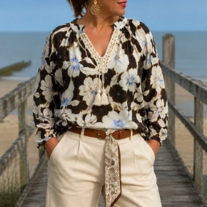 Gemma Ricceri Boho print blouse met kwastjes ivoor bruin LICHTBLAUW