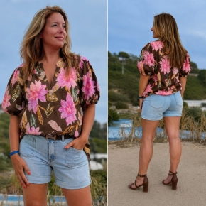 Vera jo top bruine met roze bloemenprint