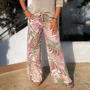 Tropical print broek ivoor roze groen beige elastische taille