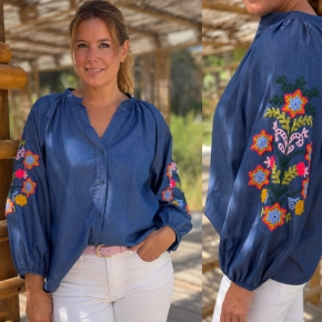 Oversized Tesoro tencel blouse donkerblauw geborduurde mouwen