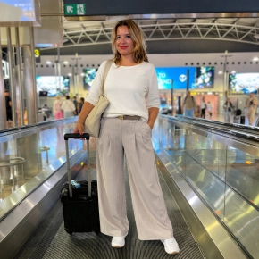Novi wide leg streepmotief broek beige SALE