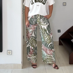 Tropical print broek ivoor groen elastische taille
