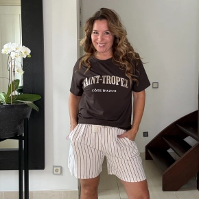 Gemma Ricceri strepen broekje beige bruin in linnen viscose kwaliteit