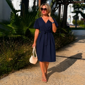 Musthaves by Elja jurk met pofmouwen elastische taille en strikkoord navy Davina