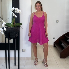 Linnen spaghetti jurk magenta SALE