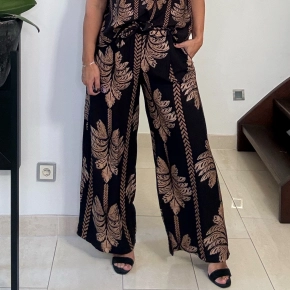 Palm print lange broek zwart met goud beige print