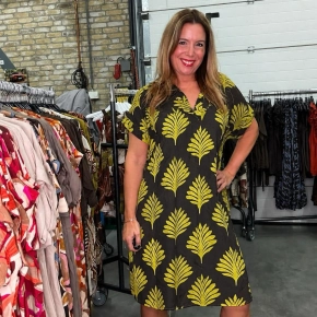 Bruin matchagroene PALMPRINT jurk Amber
