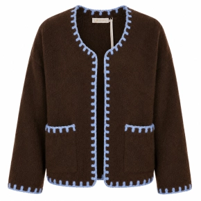 Bruin damesvest Liz met blauwe contraststiksels