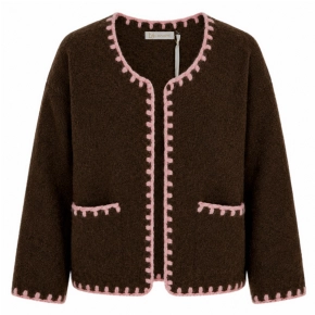 Bruin damesvest Liz met roze contraststiksels