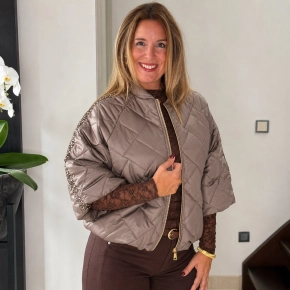 Taupe gewatteerde damesjas met leopard bies – Romée SALE