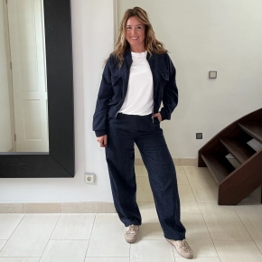 Jeanslook velvet pak blauw - barrel broek + bomberjack