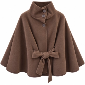 Bruine poncho met strik en hoge kraag