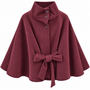 Bordeauxrode poncho met strik en hoge kraag