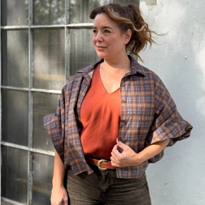 Gemma Ricceri ruit blouse Juna grijs bruin met pofmouw