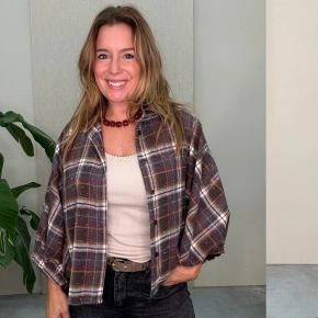 Blouse Juna met studs – grey-brown geruite damesblouse