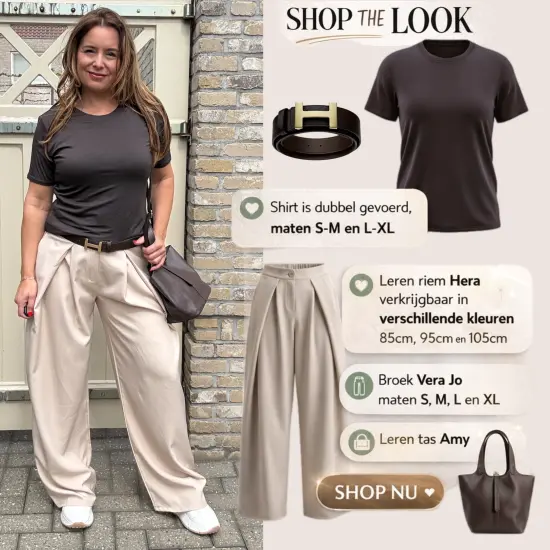 Shop the look Broek + riem + shirt + tas